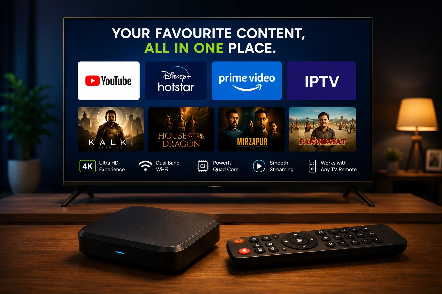 TV entertainment screen with IPTV and OTT apps