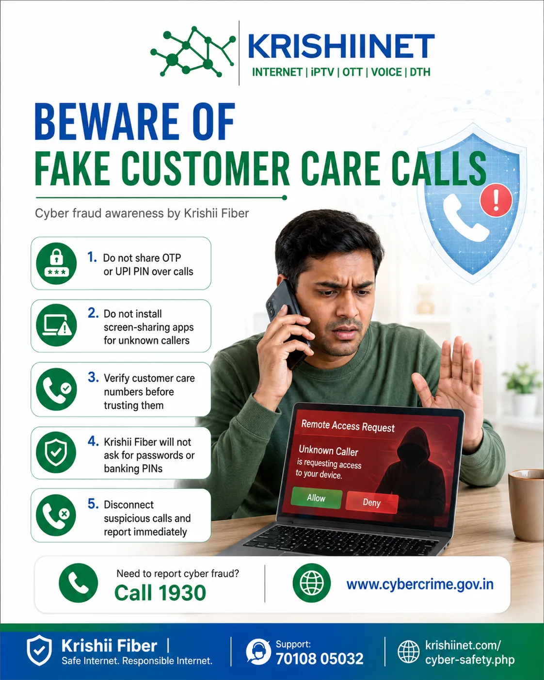 Krishii Fiber cyber fraud awareness poster warning about fake customer care calls and screen sharing scams