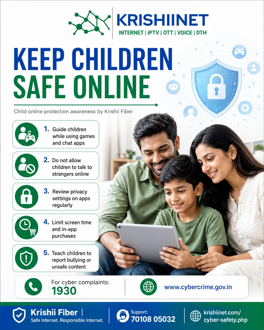 Krishii Fiber child online protection poster about keeping children safe while using games social media and chat apps