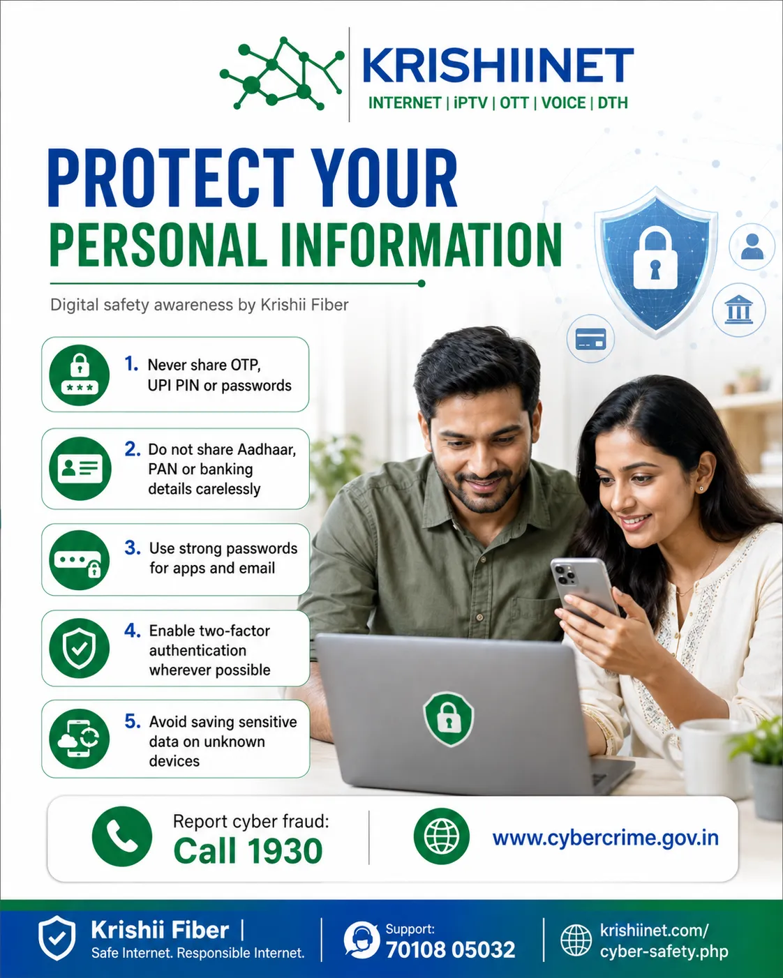 Krishii Fiber digital safety poster about protecting OTP UPI PIN passwords and personal information
