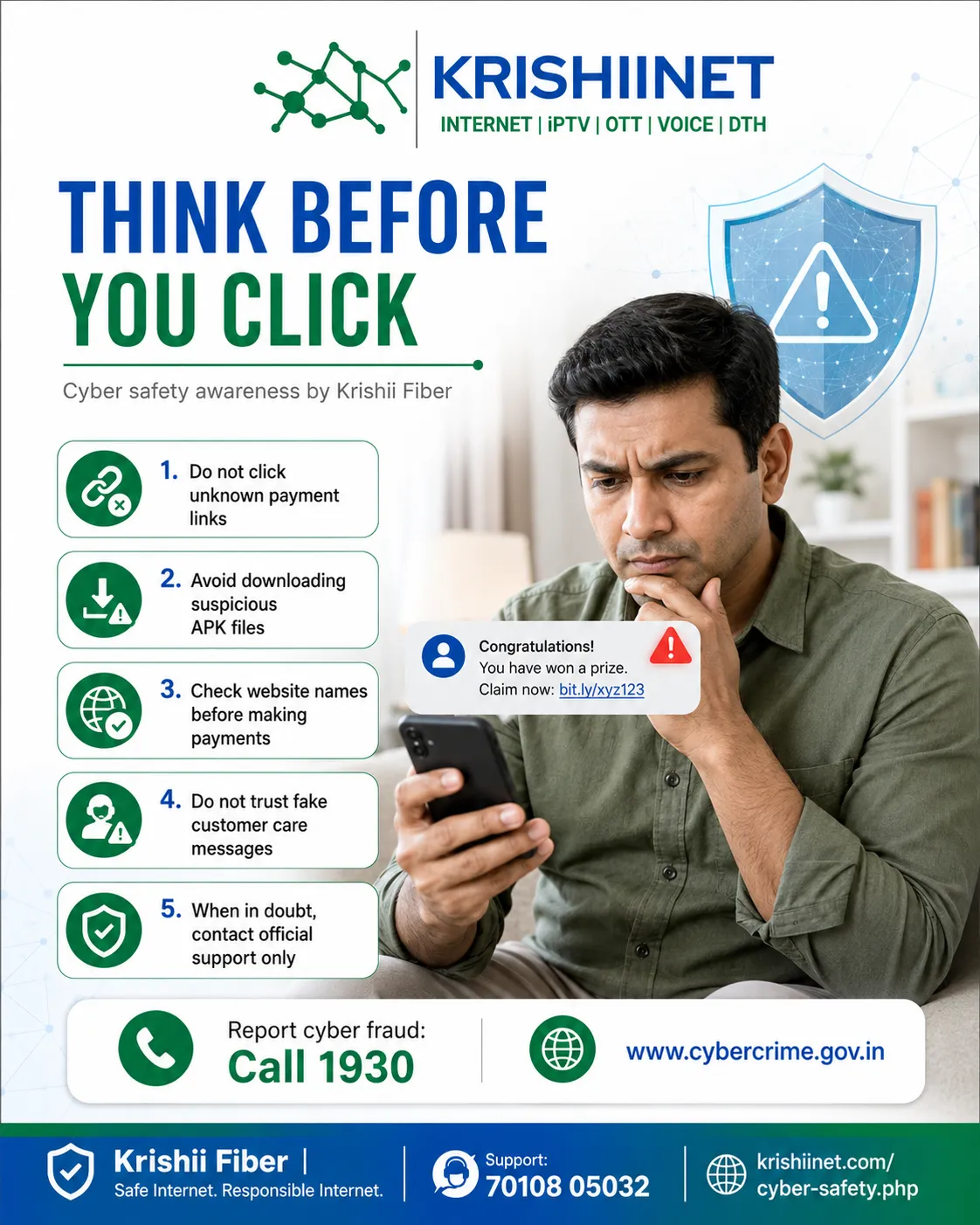Krishii Fiber cyber safety poster warning customers to think before clicking unknown links and suspicious APK files