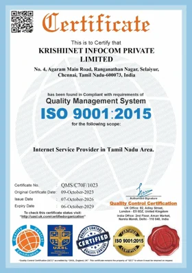 ISO 9001:2015 Quality Management System certificate for Krishiinet Infocom Private Limited
