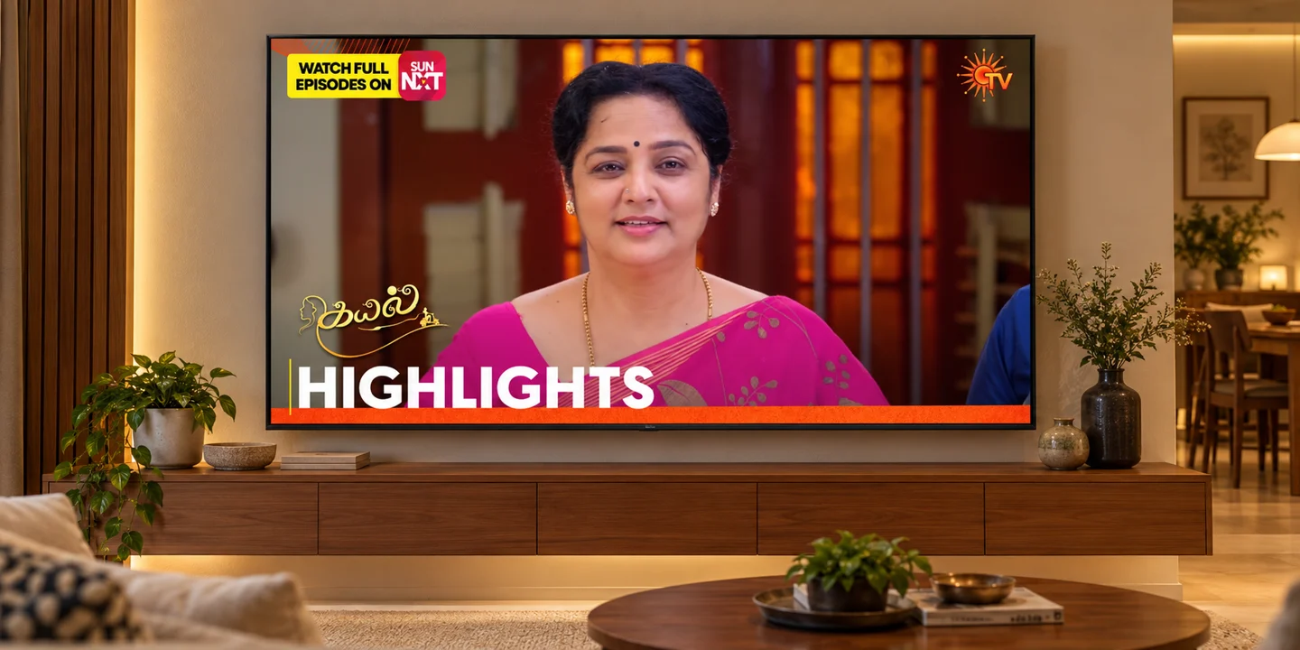 Illustrative living room with a television showing a Sun TV Kayal programme preview
